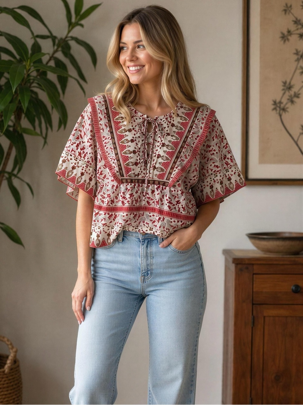 Calypso St. Barth Red and Cream Floral Peasant Blouse